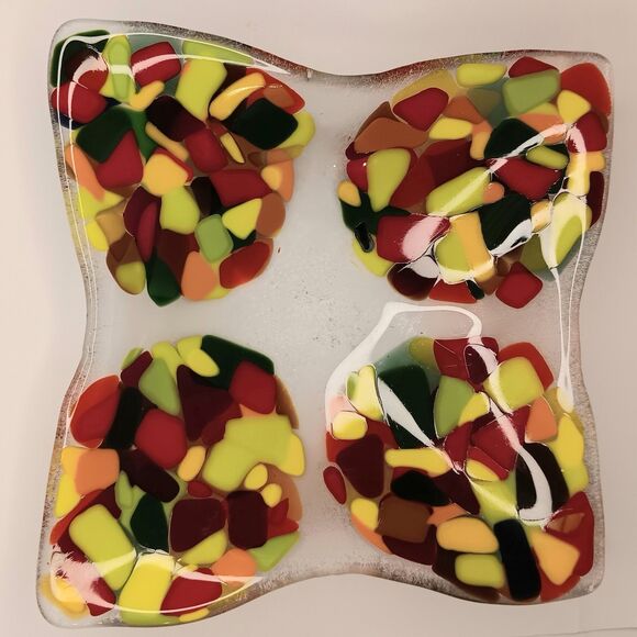 Fused Glass Trinket Dish Catchall Tray Square Red Orange Yellow Green MCM Style - Picture 9 of 12